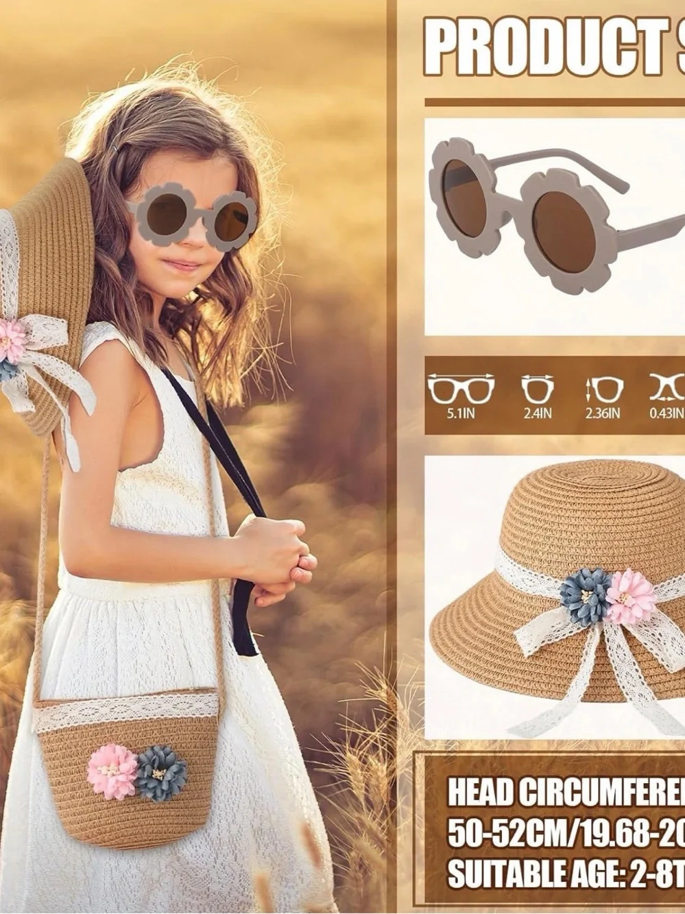 Girls Brown Straw Sun Hat & Crossbody Bag Set with Lace and Floral Trim